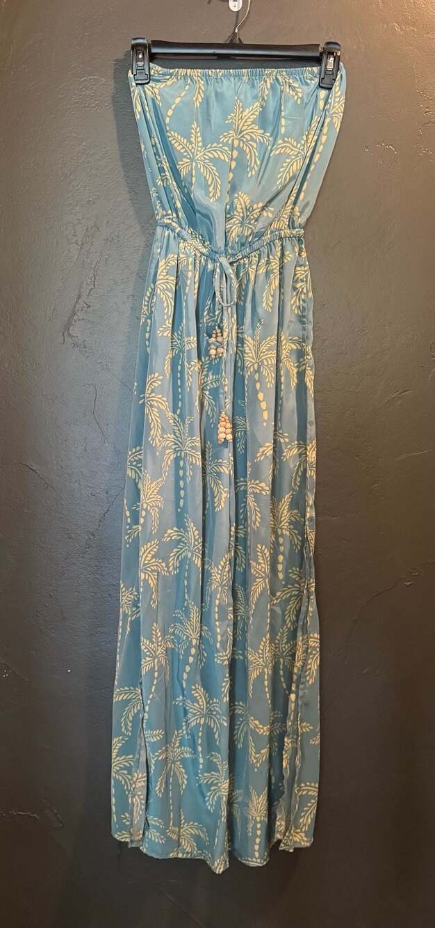 True Destinations Blue Palm Tree Strapless Wide Leg Jumpsuit XS